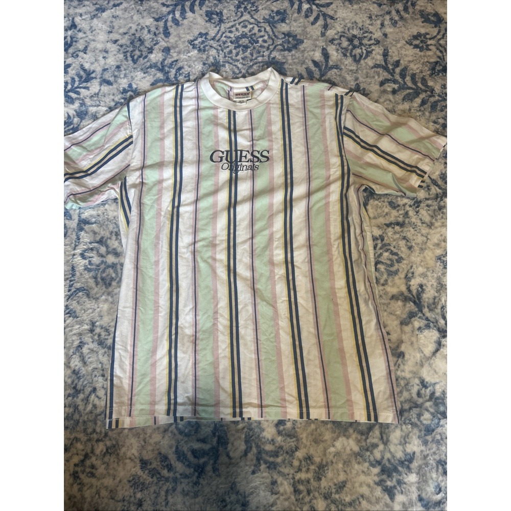 men's vintage 90's Guess Los Angeles vertical striped tee XS Embroidered